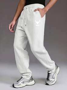 男士休闲日常通勤简约百搭牛头字母印花抽绳腰束脚裤 - 淺灰色 - 查看 3