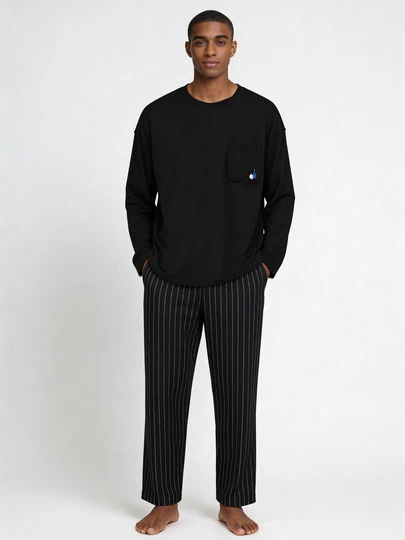 2 piezas Conjunto de ropa de dormir casual y holgada para hombres, adecuado para fiesta, hogar, viaje, jóvenes, ropa de casa, parte superior de manga larga con cuello redondo y bolsillo, pantalones con rayas laterales, tela de punto, primavera/otoño/invierno, ropa de otoño