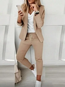 2pcs Women Set: Collar Suit Jacket & Elastic Waist Pants