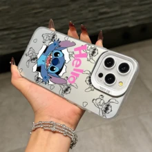 Disney Lilo & Stitch Angel Series  Case, Cute Cartoon Anime Design, Suitable For  17, 16, 15, 14, 13, 12, 11 Pro Max, XS, XR And X, Features A Reflective Back And Shockproof Corners. Perfect As A Birthday Gift, Holiday Gift, Or Valentine's Day Gift. - trắng - Xem 11