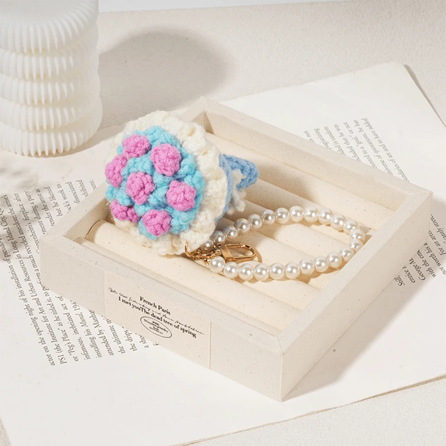 [2026 Valentine's Day Gift]1pc Handmade Crochet Red Rose Mini Bouquet Keychain Pearl Chain Bag Charm Creative Small Gift For Girlfriend - Blue Rose - View 1