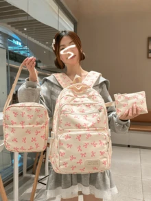 3pcs Nylon Bow Print Backpack Set, Foldable Multi-Pocket Large Capacity Zipper Backpack, Suitable For Teenagers, High School Students, College Students, Ladies For Daily Use, Commuting, Travel, Also An Ideal Valentine's Day Gift. Fashionable Backpack With Pencil Case, Cute Bow Backpack, Back To School Essential, School Supplies, Backpack, Student Backpack, Back To School Backpack, Large Capacity, Lightweight, Portable, Classic Casual