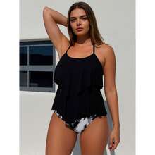 Tankini Swimsuit For Women Palm Print - Black Halter Top With Ruffled High Waisted Bottoms - Tropical Two Piece Bathing Suit - Summer Beach Swimwear - 多色1068 - 查看 1