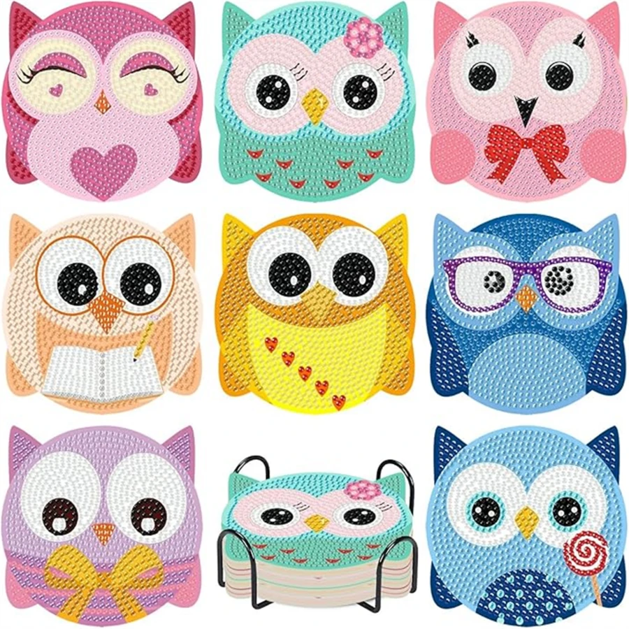 8Pcs Cute Owl Shape DIY Diamond Painting Coasters Set With Holder, Sparkling Rhinestone Art Craft Cup Mats For Home Decor & Gifts - Multicolor - View 1