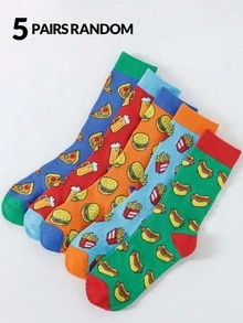 1/3/5双装 秋冬保暖趣味汉堡、热狗、披萨、啤酒快餐图案中筒袜，适合日常穿着、居家/办公、节日送礼 - 彩色 - 查看 12