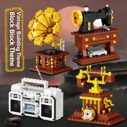 Serie vintage de bloques de construcción decorativos - Teléfono, máquina de escribir, modelo de ensamblaje difícil para adultos, decoración nostálgica, regalo de cumpleaños, modelo de decoración de bloques de construcción digitales, juguete de modelo de ensamblaje, decoración de escritorio de alta gama