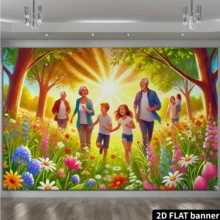 Baner płaski 2D 1 szt. Słoneczny rodzinny spacer po lesie JJQ ze sceną z jasnym kwiatowym i słonecznym wzorem, trwała dekoracja na imprezę wewnątrz i na zewnątrz - Złoto - Zobacz 3