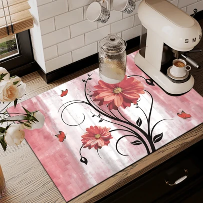 1pc Floral Pattern Absorbent Dish Drying Mat, Dish Drying Pad, Espresso Machine Countertop Absorbent Mat, Sink Drain Mat, Soft Faucet Absorbent Mat, Sink Cup Mat, Home Decor, Kitchen Supplies, Bathroom Accessories