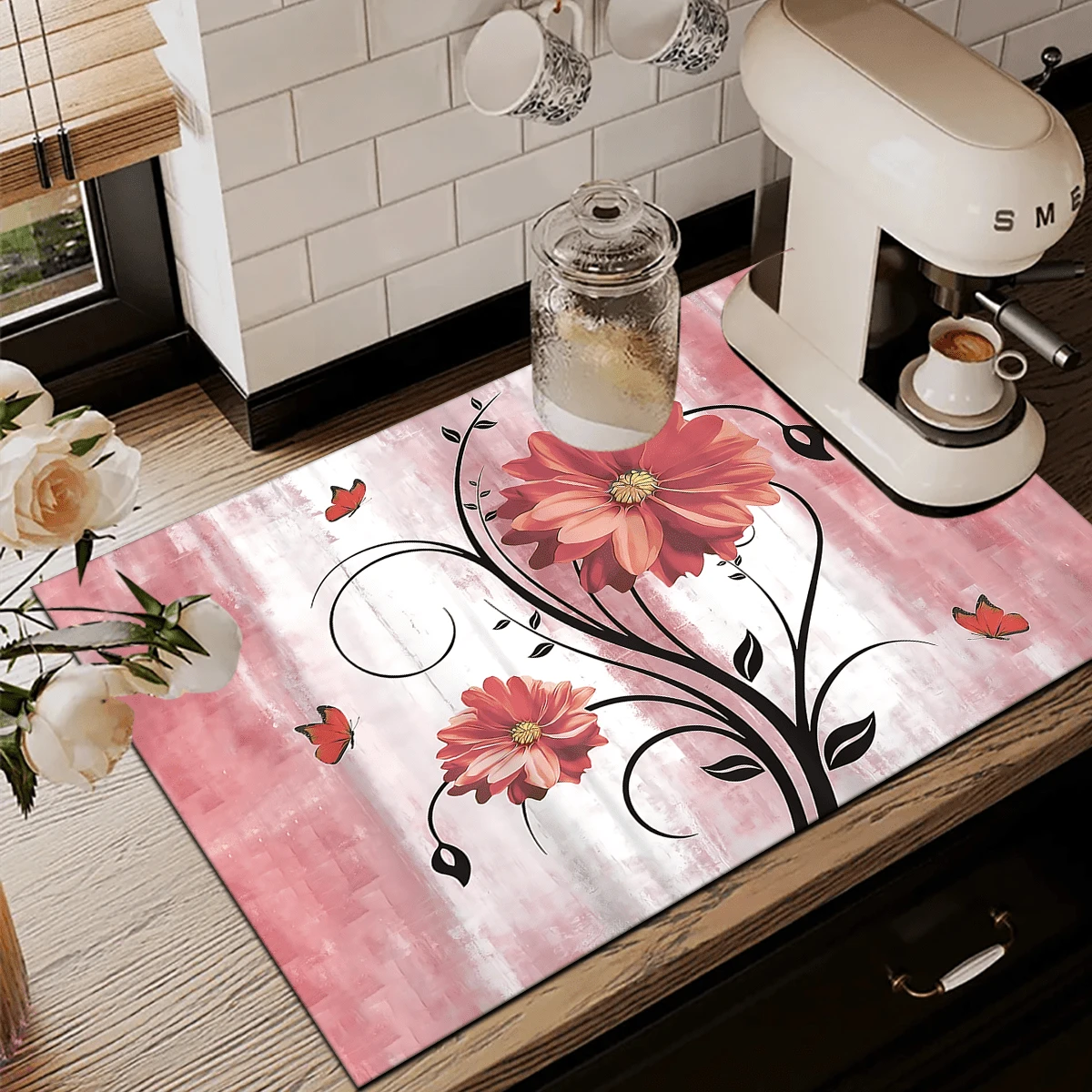 1件装花卉图案吸水餐具沥水垫，餐具沥水垫，咖啡机台面吸水垫，水槽排水垫，软水龙头吸水垫，水槽杯垫，家居装饰，厨房用品，浴室配件 - 彩色 - 查看 1