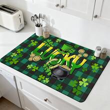 1/2/3pcs Saint Patrick's Day Water Absorbent Mat Green Clover Pattern Polyester Dish Drying Mat Coffee Machine Pad Kitchen Countertop Decor Home Gift For Family Home Decoration Saint Patrick's Day Atmosphere Decoration - Multicolor - View 1