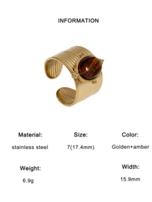 1pc Fashionable European & American Style Vintage High-End Personality Design Plated Stainless Steel Tiger Eye Natural Stone Geometric Open Ring, Suitable For Women's Daily, Party, And Date Wear - Multicolor - View 13