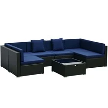 Outsunny Conjunto de 7 piezas de muebles de patio, conjunto de conversación para exteriores de ratán trenzado, juego de sofá seccional de ratán PE resistente a la intemperie con cojines y mesa de centro de vidrio templado, almohadas, azul oscuro - Azul - Ver 3