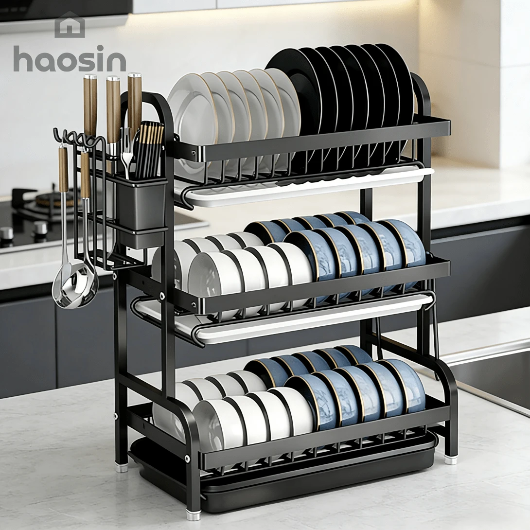 3 Camadas 43CM Organizador Multifuncional de Cozinha 1 Peça Preto 43cm - Suporte Palitos Tabua Corte Prato Drenagem Otimiza Espaço Balcão Presente Festivo - Preto - Visão 1