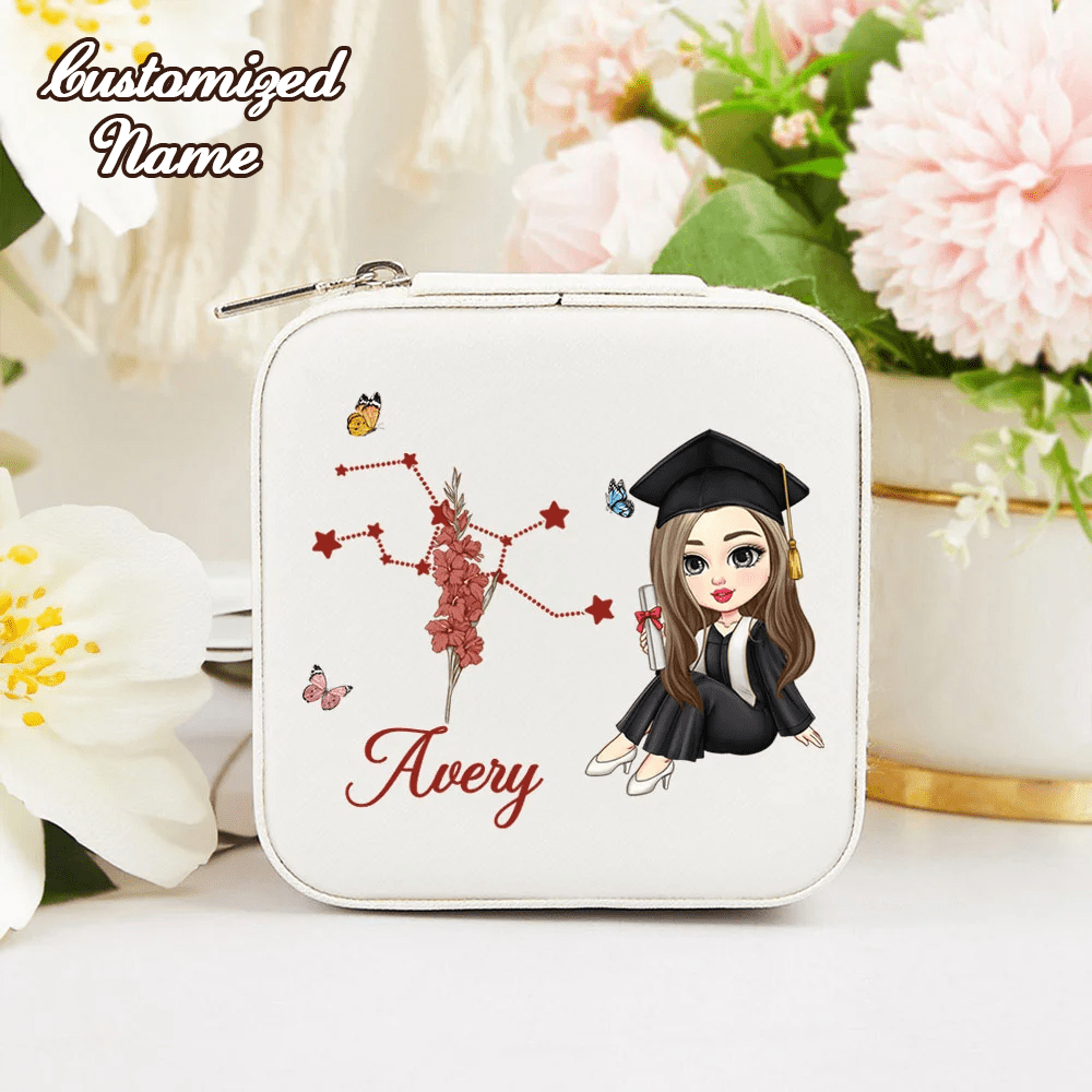 A Customized Cartoon-Style Graduation Gift Box, Containing A Jewelry Box Decorated With Floral Patterns, With The Pattern Representing The Recipient's Birth Month Or Even Name, Making It A Perfect Graduation Or Birthday Gift For Women.