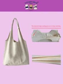 时尚卡通熊印花帆布手提包书包，返校，大容量，便携，可折叠，经典休闲，适合少女女大学生，非常适合返校、大学、小学、初中、高中、工作、商务、通勤、购物、度假 - 米色 - 查看 8