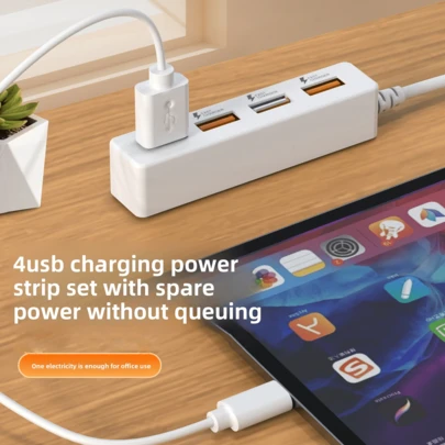 4-portars USB-snabbladdare, USB-hub med strömförsörjning, 4-portars USB-kontakter, uttag och vägguttag, minimalistisk design för skrivbordet, lämplig för hemmakontor, adapterkompatibel laddningsstation för smartphones, surfplattor, bärbara datorer, datorer och andra laddningsstationer för flera enheter, resetillbehör