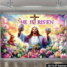 2D Flat Religious Easter Background Cloth, Jesus, Colorful Easter Eggs, Rabbits, Butterflies, Flowers, Cross, Text He Is Risen, Festival Decoration, Home Decoration, Party Decoration, Festival Gift, Polyester Fiber Material, No Power Required, Suitable For Indoor And Outdoor Celebration Activities - Multicolor 4 - View 3