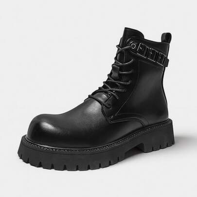 Men's Black High-Top Boots With Side Zipper, Simple Business Casual Style, Thick Sole Chunky Heel Derby Boots With Noticeable Height Increase Effect, Decorated With Metal Eyelets And Lace Details
