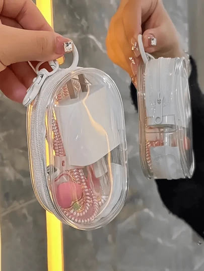Transparent PVC-kabelorganisatör, avslappnad stil, mini bärbar laddare och förvaringslåda för resetillbehör, lämplig för hörlurar, datakablar och laddare