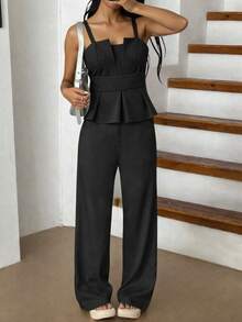 Kliou Fashion Elegant Set With Adjustable Strap Top And Casual Wide-Leg Pants With Pocket - Everyday Summer - 黑色 - 查看 6