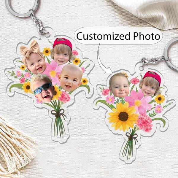 Personalized Gift For Mom And Grandma, Customized Children's Face Bouquet Keychain, Grandma Keychain Gift, Baby Face Keychain, Perfect Family Gift, New Year Gift