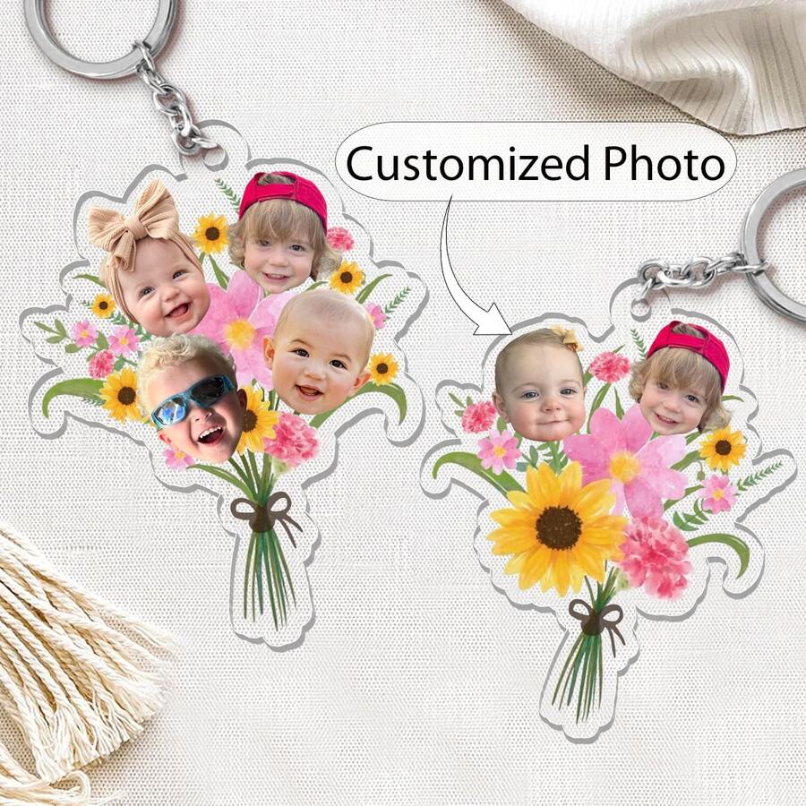 Personalized Gift For Mom And Grandma, Customized Children's Face Bouquet Keychain, Grandma Keychain Gift, Baby Face Keychain, Perfect Family Gift, New Year Gift - Multicolor - View 1