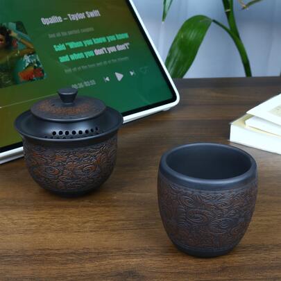 2pcs/Set Purple Clay Kung Fu Tea Set, Tea Pot, Hand-Grab Gaiwan, Hand-Carved Tea Bowl, Tea Cup, Coffee Cup, Carved Gaiwan, Kung Fu Tea Set, For Home, Restaurant, Hotel, Office, Tea Accessories, Collection