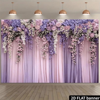 花卉摄影背景幕布 紫色花卉摄影背景 白色窗帘 春季婚礼 婴儿派对 女孩公主生日派对用品 摄影棚道具