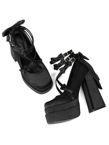 Fashion Women Platform Mary Jane Shoes For Valentine's Day Cross Strap Lolita High Chunky Heels Pumps Shoes Elegant With Big Bow Cute Lace Up Strap Buckle Shoes For Wedding And Party - màu đen - Xem 8