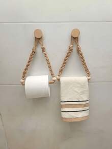 Wall-Mounted Hemp Rope Toilet Roll Paper Holder, Non-Perforated Toilet Hemp Rope Roll Paper Holder, Kitchen Wall-Mounted Roll Paper Holder With Hooks, Suitable For Replacing Rolls-Modern Home Fashion Bathroom Accessories - Brown - View 2