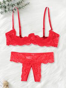 Women's Lace Lingerie Set, Open Back Design With Floral Trim Details And Open Crotch Thong, Valentine's Day Gift - Red - View 2