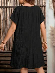 Plus Size Women Loose Casual V-Neck Ruffle Short Sleeve Dress Black Summer Elegant - Black - View 2