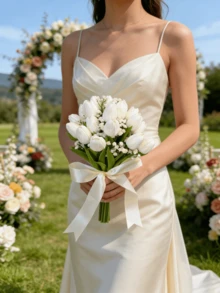 White Tulip And Calla Lily Artificial Flower Bouquet, Bridesmaid Bouquet For Wedding, Bridal Bouquet, Wedding, Ceremony, Anniversary, Fake Flower Spring Home Decor, Photography Props, Centerpiece, Party Table Decor, Holiday Decoration, Easter Gift, Birthday, Graduation - Multicolor - View 3