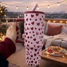 mikenda 1 Pc 40oz Heart Print Stainless Steel Tumbler With Handle And Straw, Cute Valentine Style Large Capacity Insulated Coffee Mug, Reusable Travel Cup For Home, Office And On-The-Go - Hot Pink - View 4