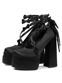 Fashion Women Platform Mary Jane Shoes For Valentine's Day Cross Strap Lolita High Chunky Heels Pumps Shoes Elegant With Big Bow Cute Lace Up Strap Buckle Shoes For Wedding And Party - màu đen - Xem 7