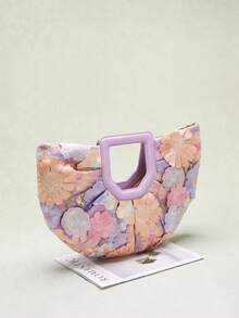 1个彩色花卉装饰网纱刺绣贴花扇形大号手提包，亚麻底，优雅的夏季海滩度假风格，适合搭配长裙（花卉图案随机发送） - 淡紫色 - 查看 7