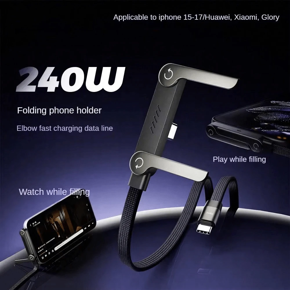 240W Fast Charging Data Cable With Phone Holder, 90° Bend, 360° Rotation, Multi-Angle Adjustment, Braided Cable, Compatible With Apple 17, Gaming Phones, 240W Charging Cable With Holder Compatible With Apple 17, Tablets, And Fast Charging For Gaming Phones Compatible With IPhone 17, 17 Pro Max, 16, 16 Plus, 16 Pro, 16 Pro Max, Compatible With Redmi, Compatible With OnePlus Charger Travel Type C