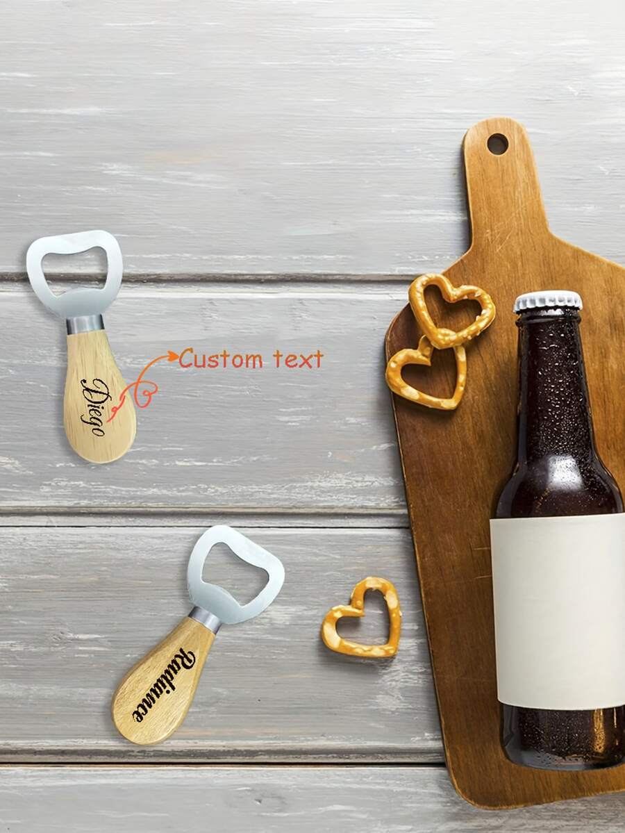 Customized Text/Logo Wooden Handle Bottle Opener, Stainless Steel & Oak Wood Short Handle Beer Bottle Opener