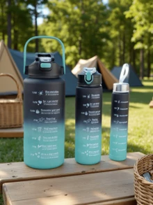 3个装塑料水瓶套装，带吸管，渐变色，带容量刻度，户外便携运动水杯 - 黑紅漸變 - 查看 5