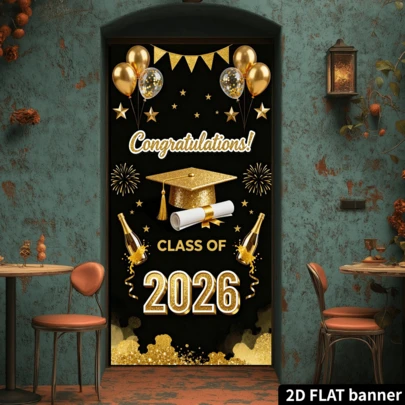 1 st 2D platt svart & guld examensgardindekoration, examensflagga 2026, examensmössa & ballongmönster, slitstarkt polyestermaterial