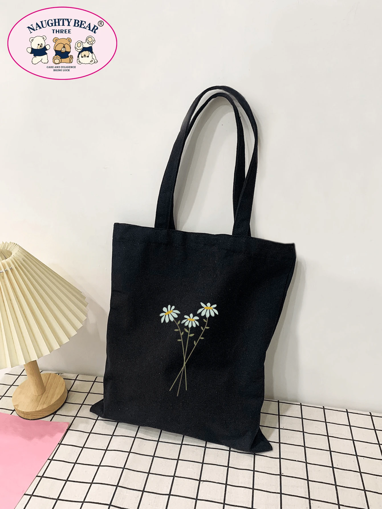 休閒風菊花印花手提購物袋，畢業生、十幾歲的女孩、新生、大二、大三、大四以及中學、大學、高中學生專用。適用於戶外、旅行和返校，適用於小學、中學、高中、學校袋、便攜式、大容量，適用於十幾歲的女孩、女性大學生，適用於辦公室、大學、小學、中學、高中、工作、商務、通勤、購物、假日 - 黑色 - 查看 1