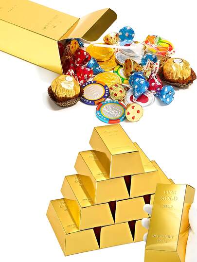 10 pièces Boîtes de faveur de fête thème barre d'or, boîtes à bonbons en feuille d'or factice, fournitures de fête thème pirate en papier doré avec motif gaufré "OR FIN 999,9", convient pour les bonbons, les collations, les chocolats, les boîtes cadeaux de jouets, applicable pour les fêtes d'anniversaire à thème, les décorations, Halloween, Noël