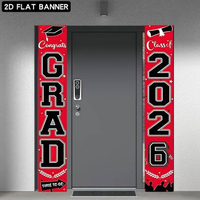 2条2026毕业季竖款横幅，红黑文化装饰，带花灯，12x70.8英寸涤纶材质，室内/室外派对装饰，适合深色背景