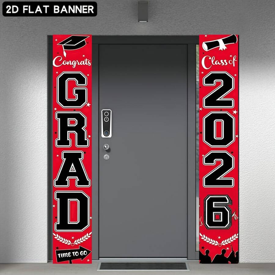 2 piezas Bandera vertical de temporada de graduación 2026, decoración cultural roja y negra con luces florales, 12x70.8 pulgadas de poliéster para uso en interiores/exteriores, adecuada para fondos oscuros