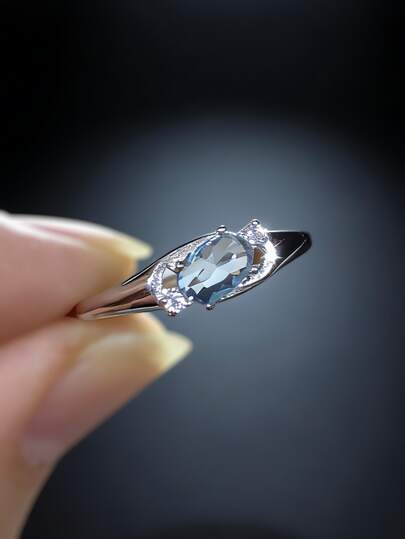 1pc S925 Sterling Silver Synthetic Zirconia Sea Blue Stone Ring, Elegant Bohemian Style Jewelry For Women, Suitable For Daily Wear And Parties, Gift For Loved One