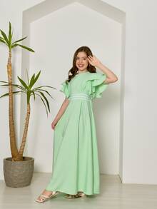Evangelical Long Dress For Girls And Teenagers With Trio Detail At The Waist And Layered Sleeves | Long, Flared Dress With Elastic At The Back | Sizes 10 To 16 | Colors: Baby Blue, Green, Pink, Lavender, And Navy Blue | Elegant And Comfortable Outfit For Birthdays, Parties, Christmas, Graduations, And Special Events | Classic Teen Dress With A Loose Fit | Delicate Model With Wide Sleeves And Refined Finish | Long Dress For Pre-Teen And Teenage Girls | Children's Clothing For Special Occasions And Dressy Casual Wear | Ideal Gift For Girls | Flared Dress With Lightweight Fabric And Soft Touch | Charming, Discreet, And Comfortable Look For Various Occasions - Màu xanh Bạc hà - Xem 2