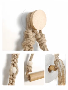 Wall-Mounted Hemp Rope Toilet Roll Paper Holder, Non-Perforated Toilet Hemp Rope Roll Paper Holder, Kitchen Wall-Mounted Roll Paper Holder With Hooks, Suitable For Replacing Rolls-Modern Home Fashion Bathroom Accessories - Brown - View 5