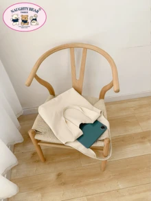 时尚卡通熊印花帆布手提包书包，返校，大容量，便携，可折叠，经典休闲，适合少女女大学生，非常适合返校、大学、小学、初中、高中、工作、商务、通勤、购物、度假 - 米色 - 查看 7