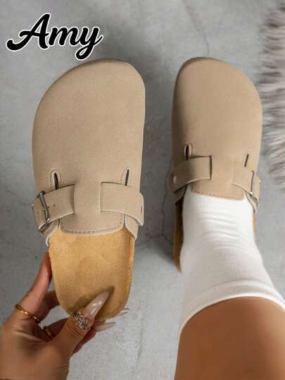 Mules plates décontractées à boucle  de couleur unie à large coupe pour femmes