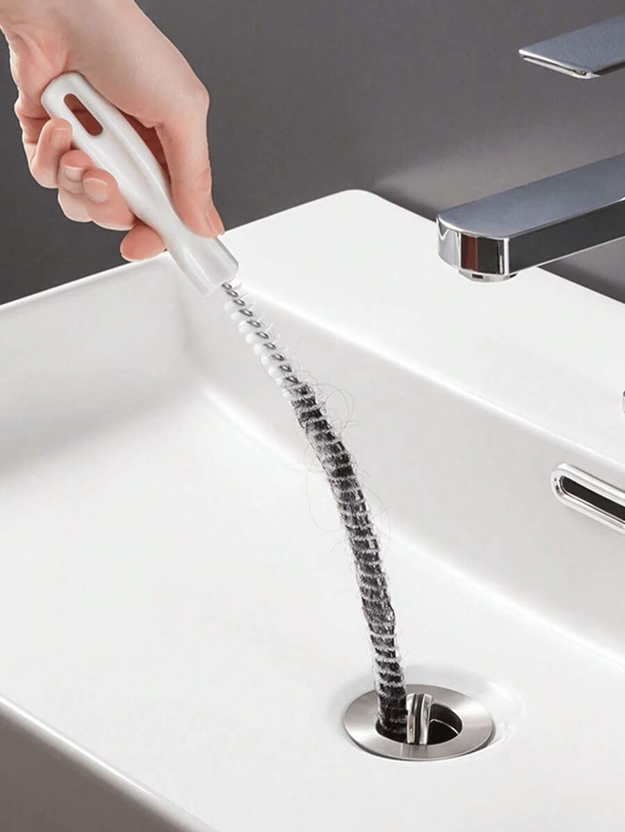 4pcs Drain Cleaning Tool Set (With Storage Hook), Includes Flexible Drain Snake And Brush, Effectively Removes Hair From Kitchen And Bathroom Sinks, Collects Hair And Cleans Pipes - White - View 1